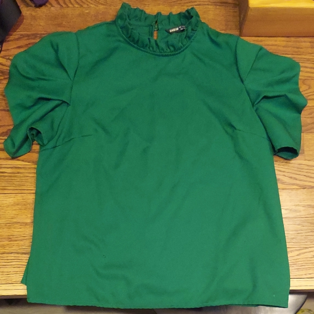 SHEIN Green Blouse with Ruffle Neckline